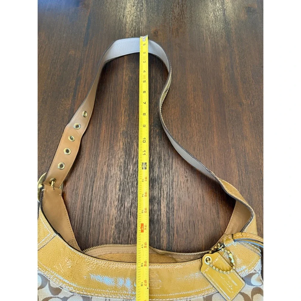 Coach Signature Jacquard Hobo Bag Yellow Patent Leather Trim Khaki Monogram